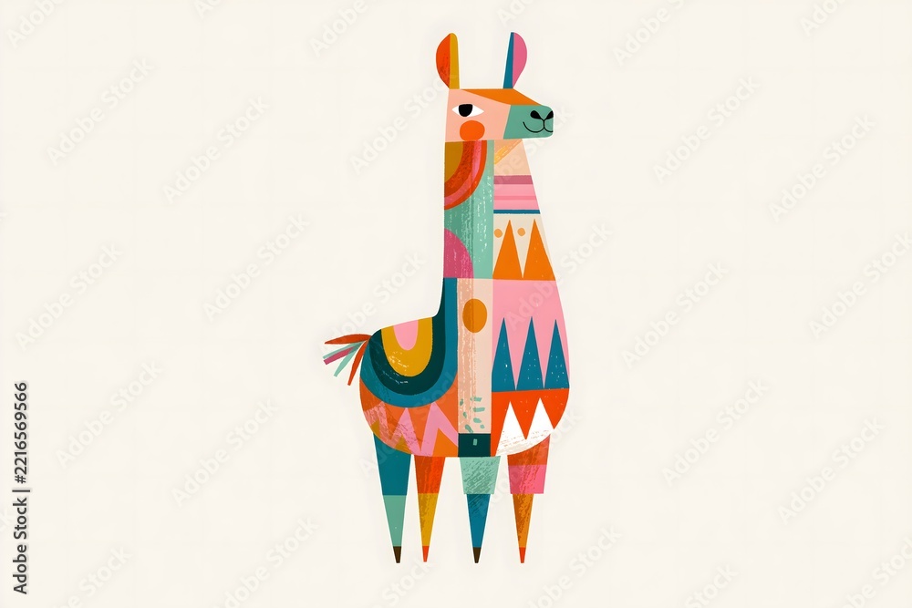 Fototapeta premium Whimsical folk art llama illustration with geometric saddle. Abstract geometric llama character graphic. Soft neutral folk art llama print. Vibrant folk pattern llama illustration