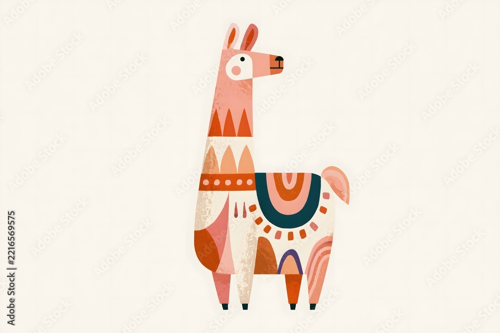 Fototapeta premium Whimsical folk art llama illustration with geometric saddle. Abstract geometric llama character graphic. Soft neutral folk art llama print. Vibrant folk pattern llama illustration