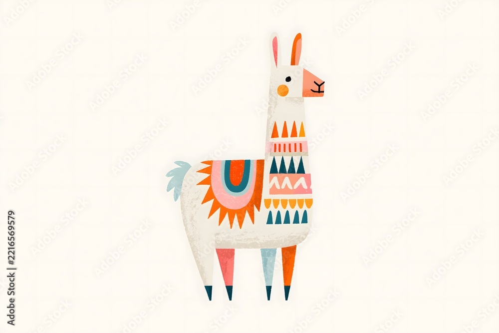 Fototapeta premium Whimsical folk art llama illustration with geometric saddle. Abstract geometric llama character graphic. Soft neutral folk art llama print. Vibrant folk pattern llama illustration