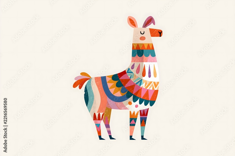 Fototapeta premium Whimsical folk art llama illustration with geometric saddle. Abstract geometric llama character graphic. Soft neutral folk art llama print. Vibrant folk pattern llama illustration