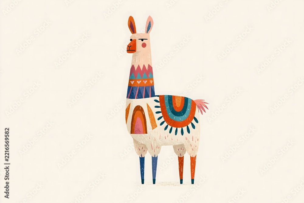 Fototapeta premium Whimsical folk art llama illustration with geometric saddle. Abstract geometric llama character graphic. Soft neutral folk art llama print. Vibrant folk pattern llama illustration