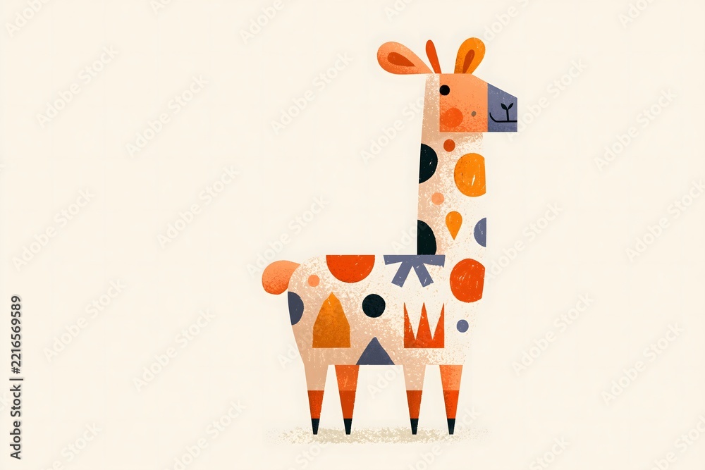 Fototapeta premium Whimsical folk art llama illustration with geometric saddle. Abstract geometric llama character graphic. Soft neutral folk art llama print. Vibrant folk pattern llama illustration