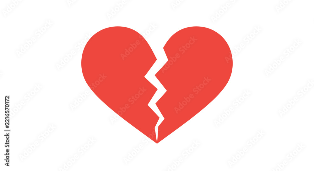 Fototapeta premium Red broken heart illustration representing heartbreak, emotional pain, loss, and sadness isolated on a white background