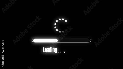 Loading bar animation displays spinning buffering dots across dark. System software processing telemetry data updates on loading bar. Interfaces operate with loading bar.