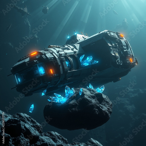Cinematic sci-fi concept art of spaceship mining crystals