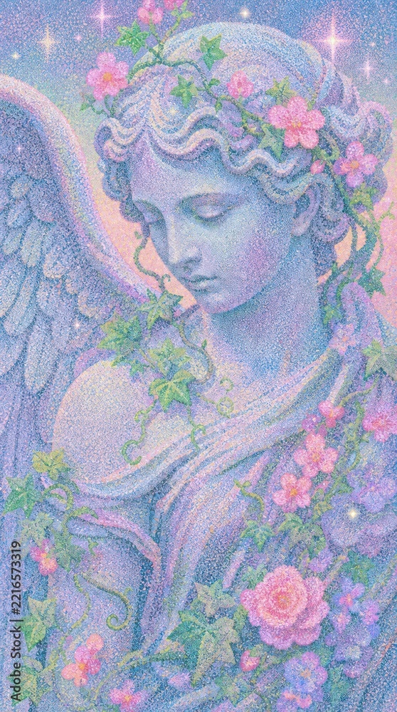 Fototapeta premium Pastel angel with flowers, serene mobile wallpaper in dreamy style.