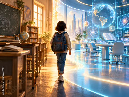 Student walking from traditional classroom into futuristic school