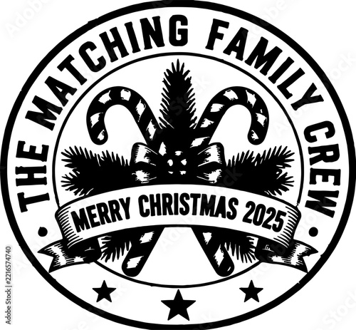 Merry Christmas 2025 Vintage Holiday Badge with Candy Canes and Pine Branches