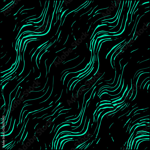 Abstract Flowing Teal Wave Line Pattern on Black Background, Seamless Organic Texture
