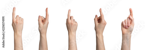 Female hand gestures, palm pointing up, side, front, back. Woman s fingers holding, touching,