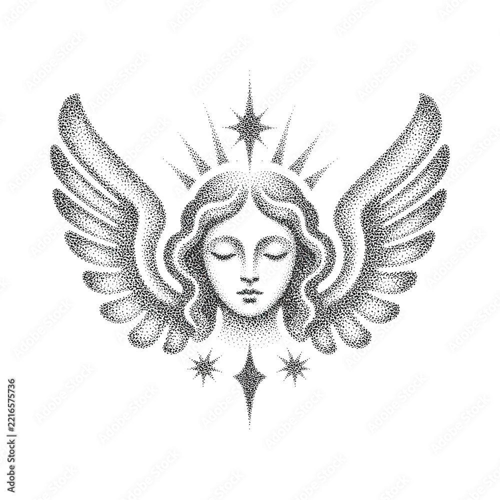 Fototapeta premium Vintage angel illustration with wings and stars, PNG, transparent background.