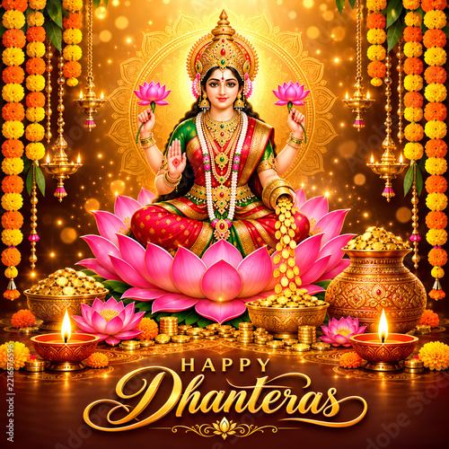 Happy dhanteras golden festive greeting card with goddess lakshmi and pot of gold coins under marigold decorations