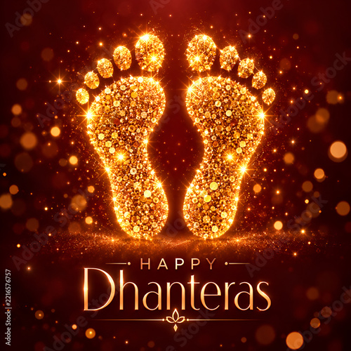 Happy dhanteras greeting background featuring golden sparkling footprint symbols and bokeh lights on a red backdrop