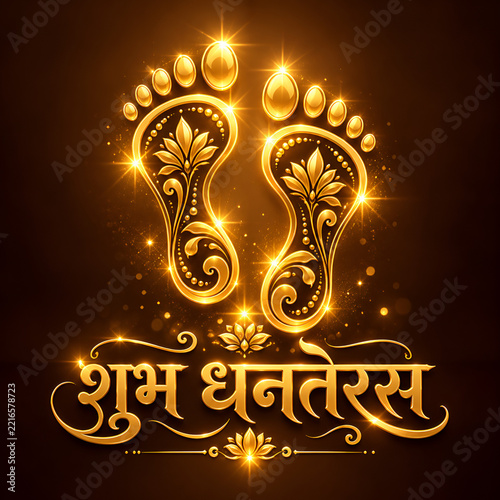 Golden ornate goddess feet symbols for shubh dhanteras greeting with lakshmi charan hindu tradition auspicious symbols festival background