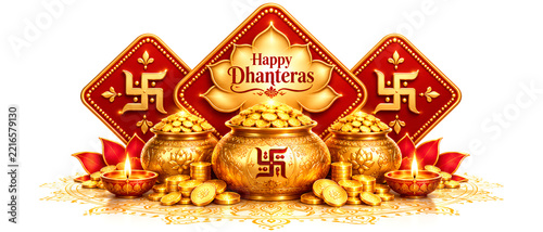 Decorative happy dhanteras greeting with traditional gold pots coins and glowing lamps gold pot diwali festival hindu culture oil lamps