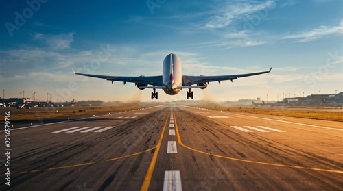 Commercial aircraft taking off from airport runway at sunset representing new year fresh start, strategic corporate growth, global business travel, future goals and market expansion.