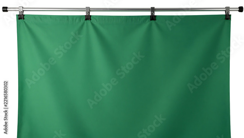 Green Screen Backdrop for Virtual Production: A clean, flat green screen fabric backdrop, stretched taut and suspended from a studio pole with clamps.
