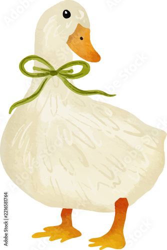 Cute watercolor illustration of a white duckling with a green ribbon tied in a bow around its neck isolated on a transparent background