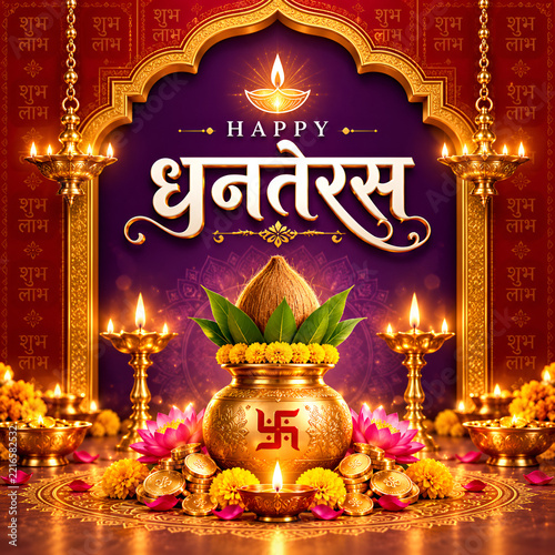 Traditional indian dhanteras celebration background with sacred kalash diya lamps marigold flowers hindu festival gold pot oil lamps