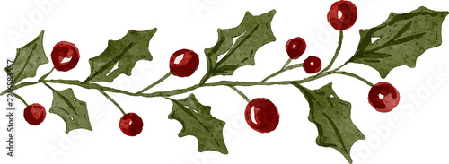 Watercolor illustration of a holly branch with green leaves and red berries perfect for Christmas and winter holiday designs isolated on white.