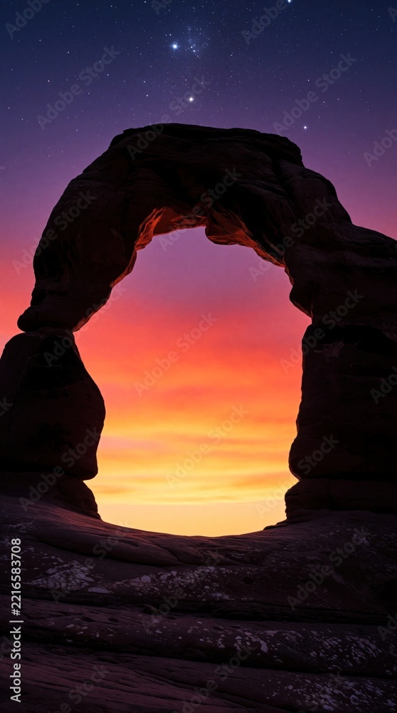 Fototapeta premium Natural sandstone rock arch silhouette against vibrant sunset sky. Colorful orange, purple horizon glows under starry night sky. Beautiful desert landscape with celestial stars, cosmic atmosphere.