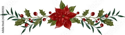 Watercolor Christmas floral border with red poinsettia holly leaves and berries isolated on transparent background for festive design