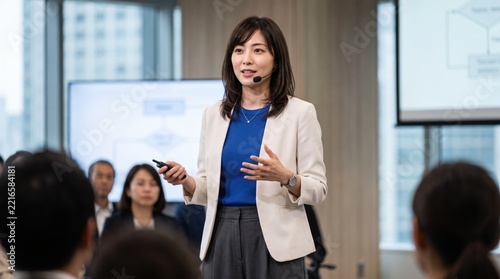Generative AI, Businesswoman Delivering a Presentation with a Headset Microphone and Clicker