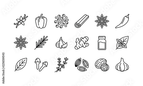 Herbs Spices Collection, line icon set featuring vanilla pod, paprika pepper, chili, cinnamon stick, star anise, basil leaf, rosemary sprig, peppercorn, turmeric root, spice jar, covering herbs,
