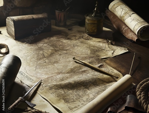 Medieval Academic Trade Table With Maps Astrolabe and Pigments