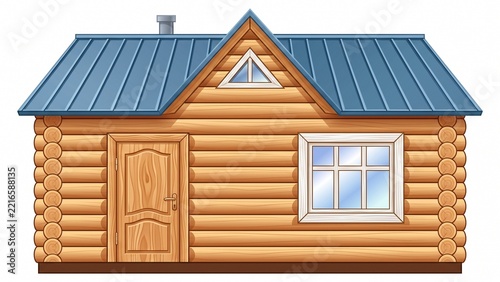 Wooden log cabin illustration with blue metal roof and glass windows on white background