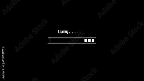 Loading bar animation displays square status segments on dark space. System software buffering telemetry updates across active loading bar. Waiting runs on active loading bar.