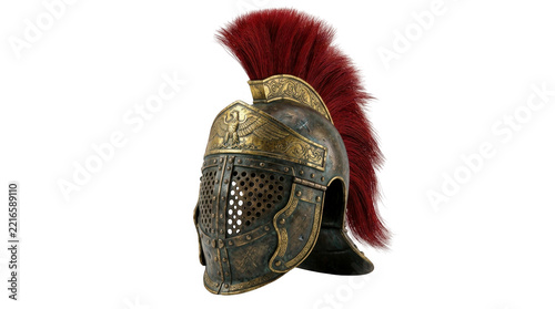 Obraz na plátně Ancient roman centurion helmet with a red crest and metal details isolated on tr