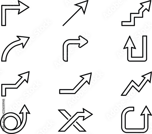 Set of twelve different black and white line art arrow icons