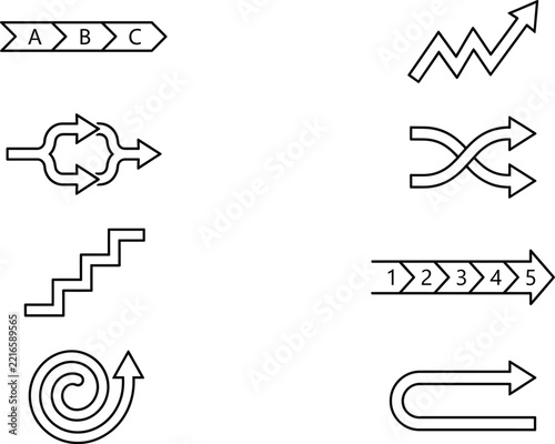 Set of various arrow icons and flow chart symbols for business diagrams and process visualization