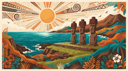 Moai statues on Easter Island coast at sunrise with Polynesian tribal patterns