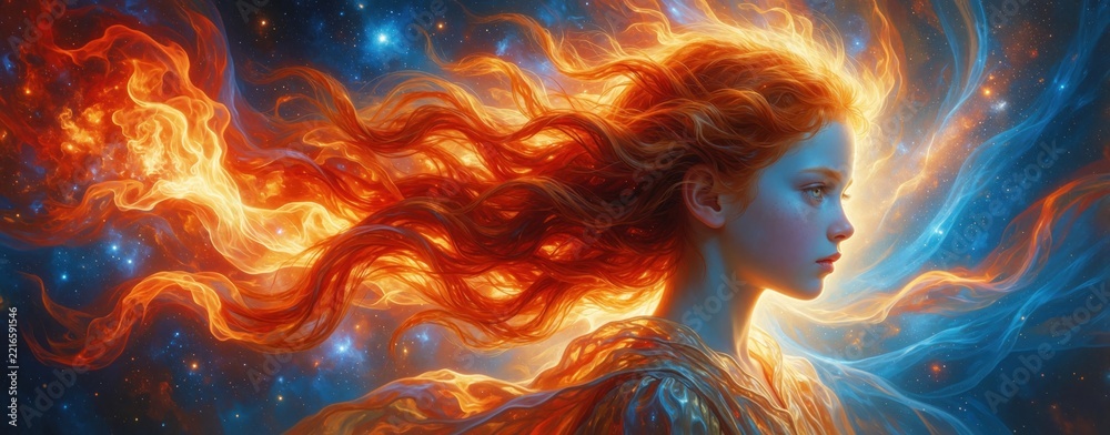 Fototapeta premium Fantasy illustration of young girl with long fiery red hair. Glowing hair flows like flames, clouds in cosmic space. Ethereal female profile against blue nebula sky, bright stars. Magic energy