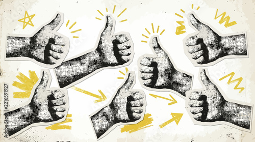 Multiple Thumbs Up Hands Gestures, Positive Feedback and Approval, Grunge Style
