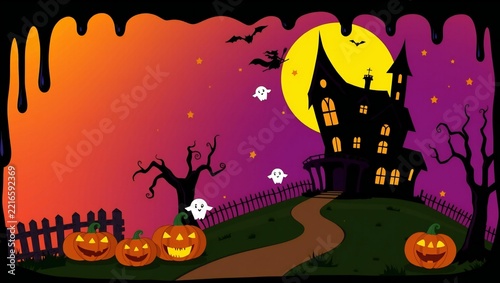 Spooky halloween night scene with a haunted house ghosts pumpkins and a full moon