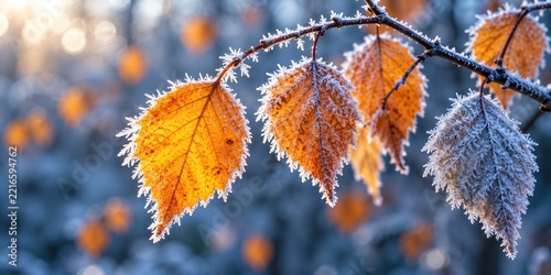 Close up of frozen autumn leaves on a branch in sunlight with icy frost sparkling on edges.