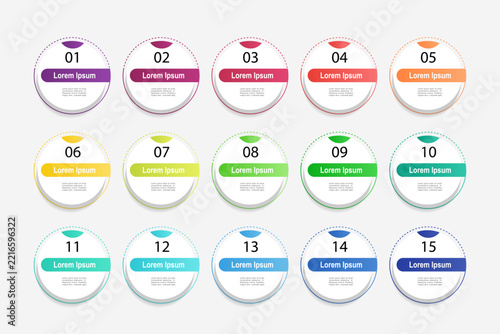infographic elements template, business concept with 15 steps, circle shapes design with multi gradient color label for workflow layout, diagram, annual report, vector