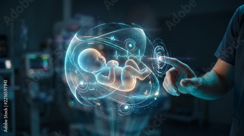 Futuristic medical technology concept showing a glowing hologram of an unborn baby in a virtual womb