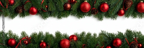 Christmas Banner Frame with Evergreen Branches and Red Ornaments