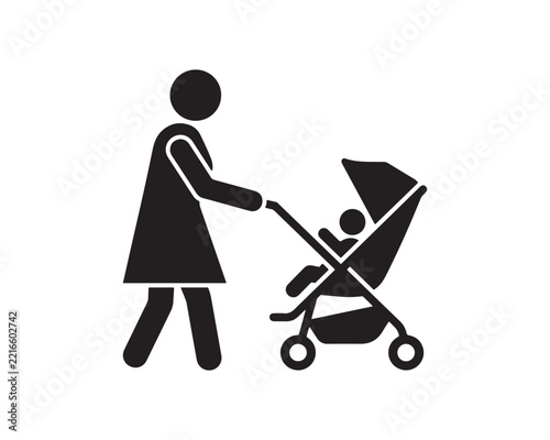 Mother pushing a baby stroller black silhouette icon representing parenting and childcare with baby carriage