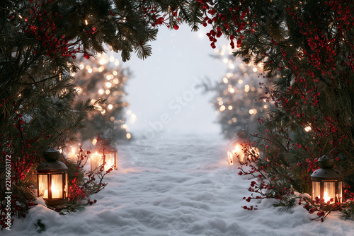Winter scene with snow and lanterns in a festive setting