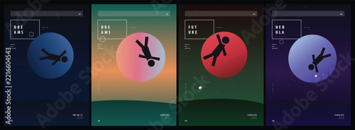 Set of abstract minimalist posters featuring circular planet motifs and stick figure silhouettes for creative and modern poster design concept