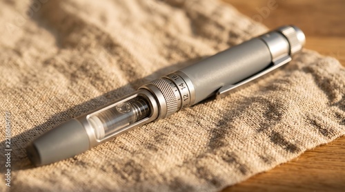 Modern matte gray mechanical fountain pen with a transparent ink reservoir lies diagonally on a textured beige linen cloth in warm natural side lighting.