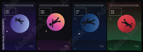 Creative minimalist poster design series featuring abstract human figures floating within colorful gradient circular celestial orbs