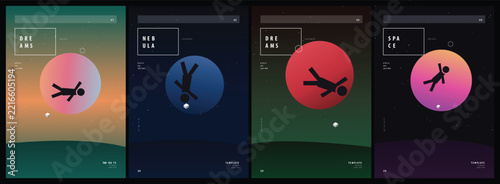 Set of modern abstract space poster design featuring silhouette figures floating in colorful glowing orbs with minimalist aesthetics