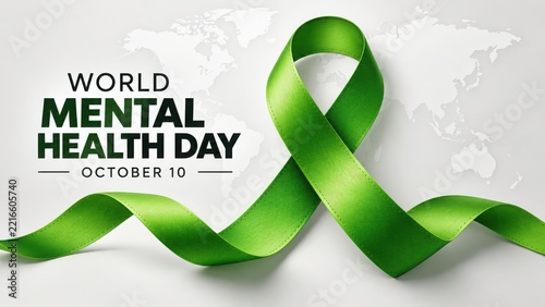 Green ribbon for World Mental Health Day awareness during October 10 a symbol of support and care with a global map background