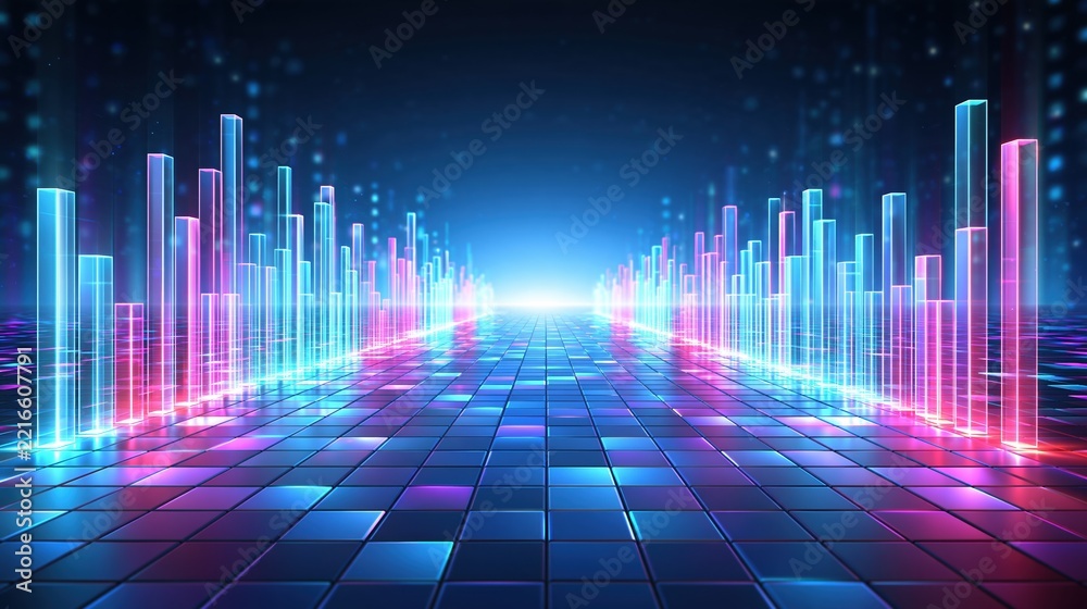Fototapeta premium Abstract Digital Neon Light Cityscape with Futuristic Glowing Buildings and Reflective Ground